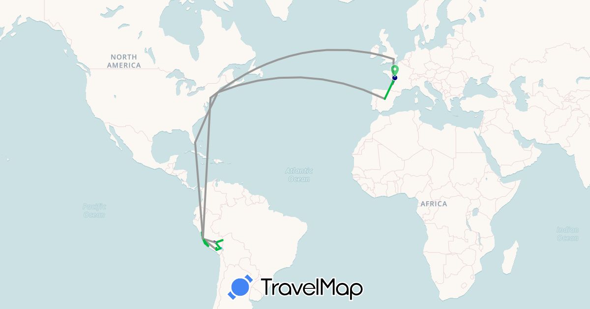 TravelMap itinerary: driving, bus, plane, train, boat in Spain, France, United Kingdom, Peru, United States (Europe, North America, South America)